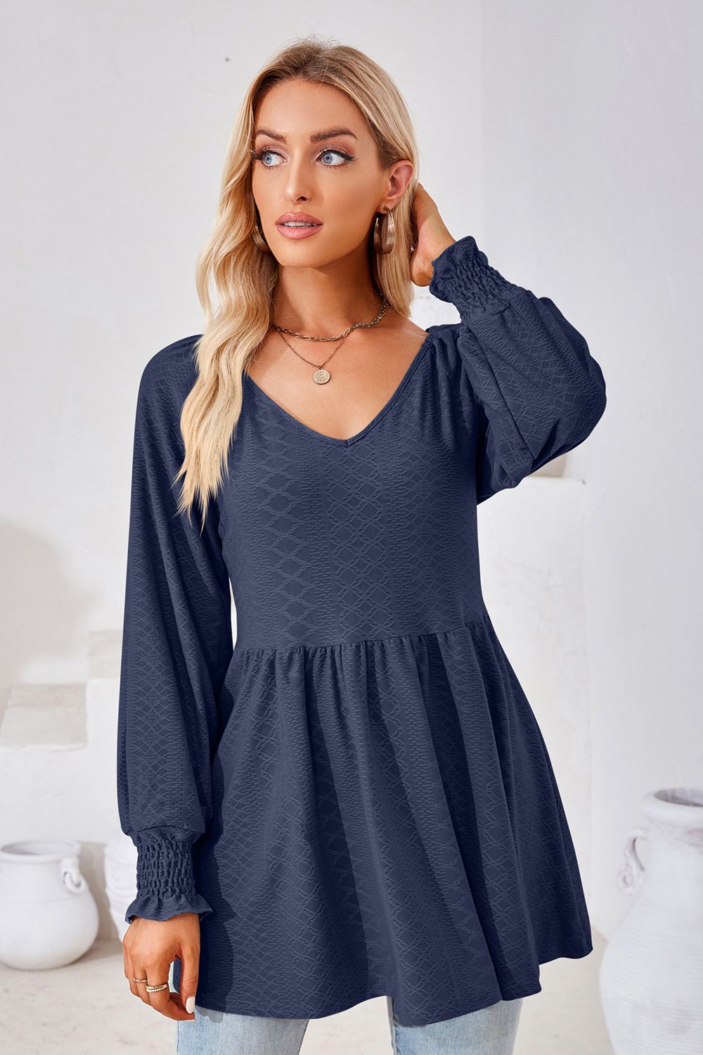 V-Neck Lantern Sleeve Blouse - Classique Collection