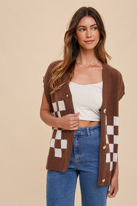 Annie Wear Checkered Button Down Short Sleeve Cardigan - ClassiQ