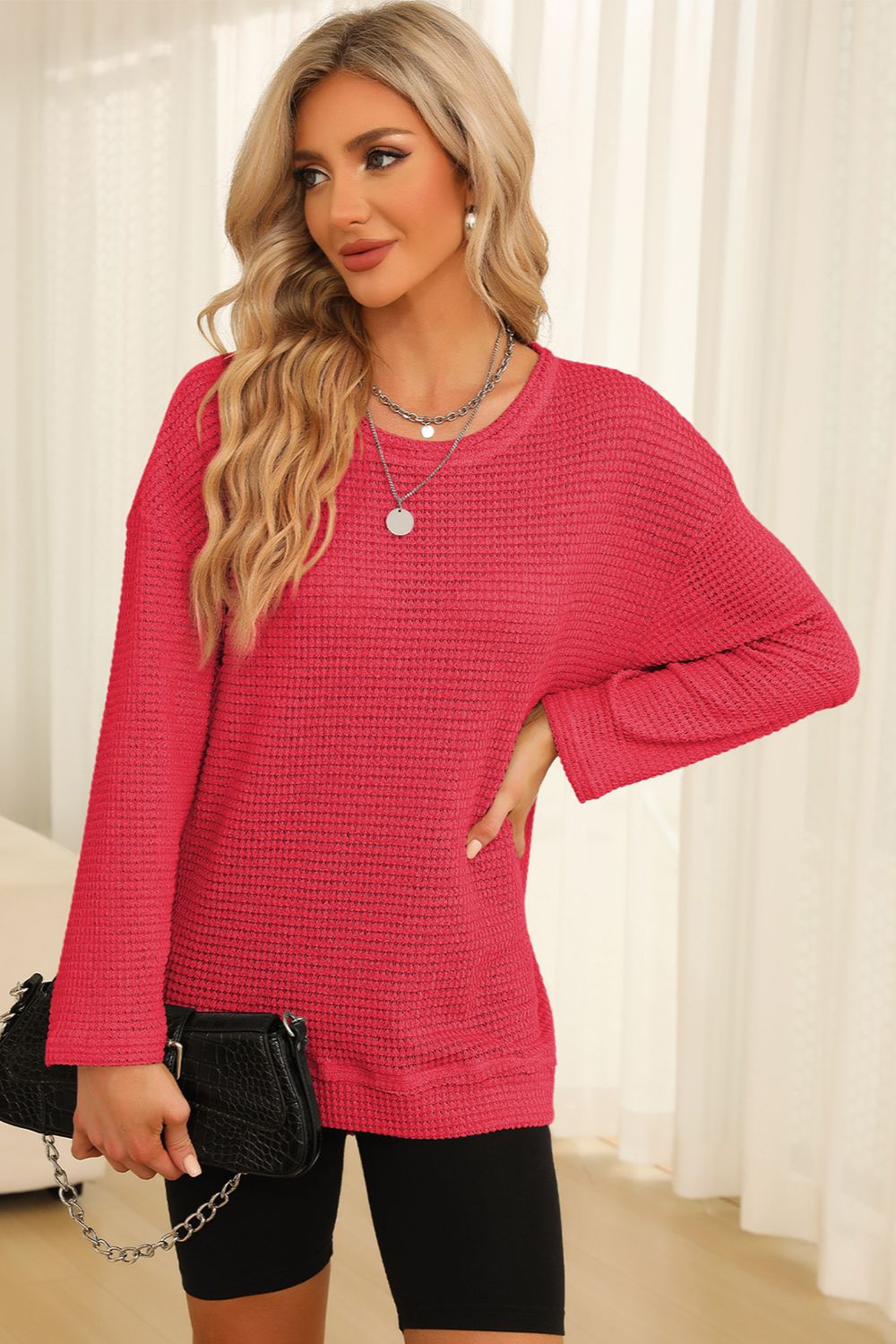 Waffle-Knit Round Neck Long Sleeve Sweatshirt - Classique Collection