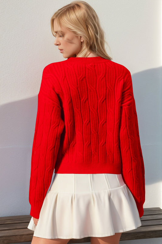 Double Take Full Size Bow Cable-Knit Round Neck Sweater - ClassiQ