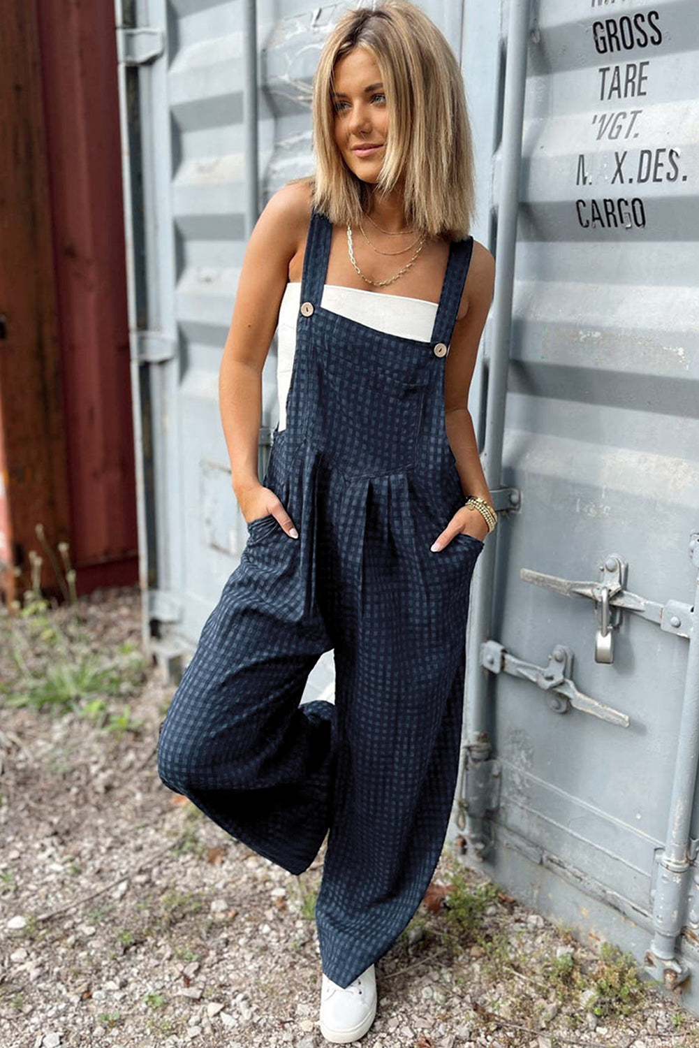 Plaid Wide Strap Wide Leg Overalls - ClassiQ