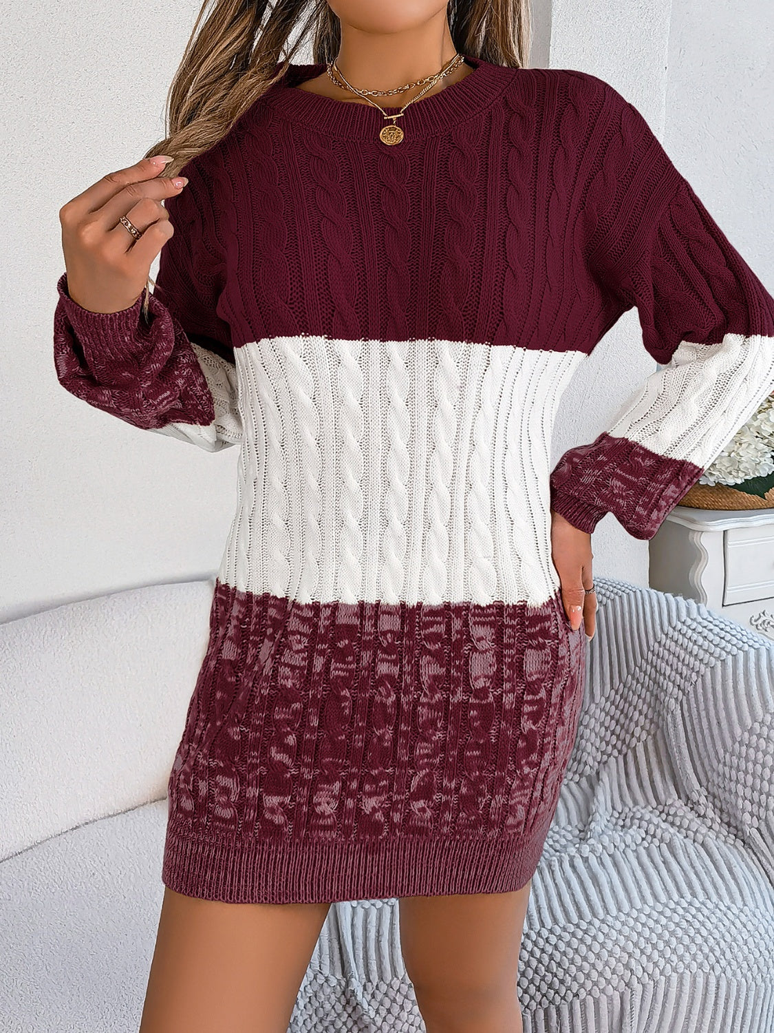 Cable-Knit Round Neck Color Block Sweater Dress - Classique Collection