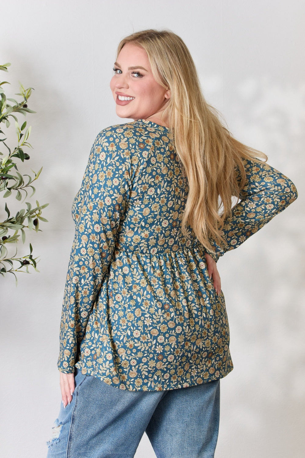 Heimish Full Size Floral Half Button Long Sleeve Blouse - Classique Collection