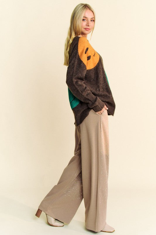 Davi & Dani Contrast Smile Round Neck Oversize Sweater - ClassiQ