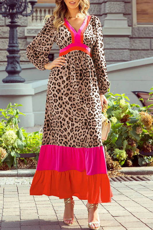 Leopard V-Neck Long Sleeve Maxi Dress - Classique Collection
