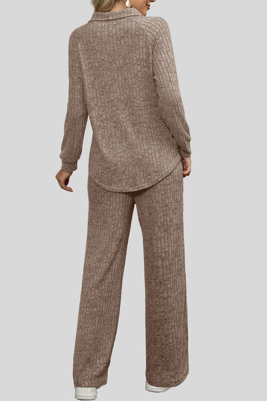 Ribbed Long Sleeve Top and Pocketed Pants Set - ClassiQ