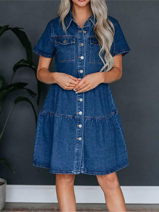 Pocketed Button Up Collared Neck Short Sleeve Denim Dress - Classique Collection