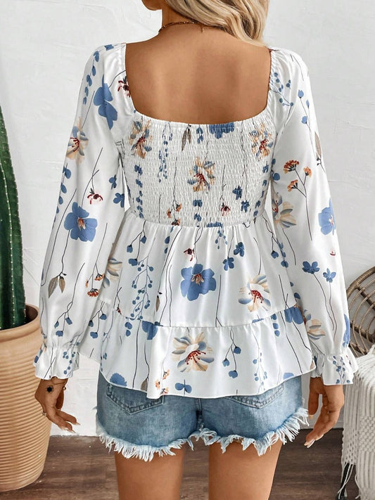 Smocked Floral Scoop Neck Flounce Sleeve Blouse - Classique Collection