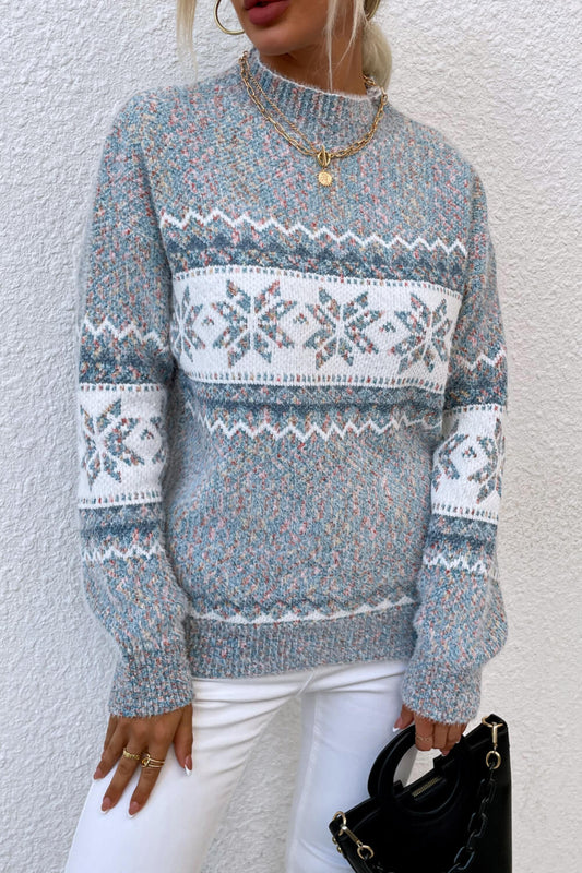 Snowflake Pattern Mock Neck Sweater - ClassiQ