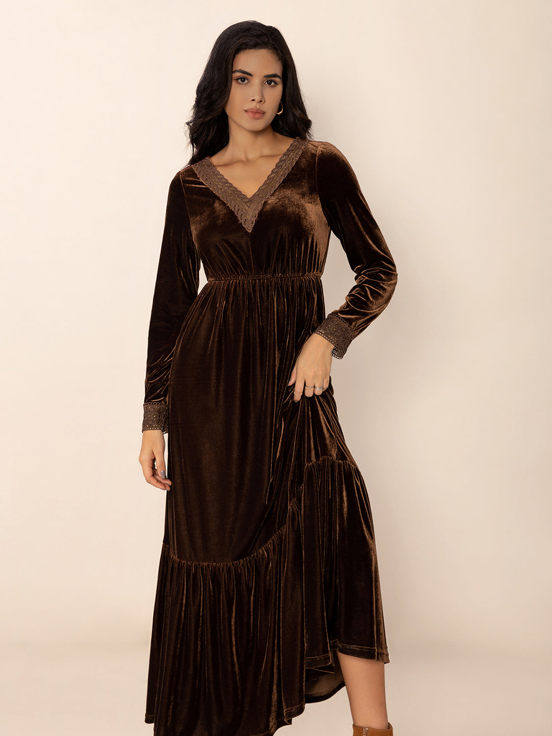 Lace Detail V-Neck Long Sleeve Maxi Dress - Classique Collection