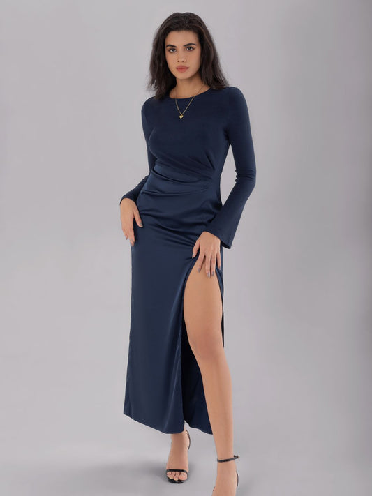 Split Round Neck Long Sleeve Midi Dress - Classique Collection