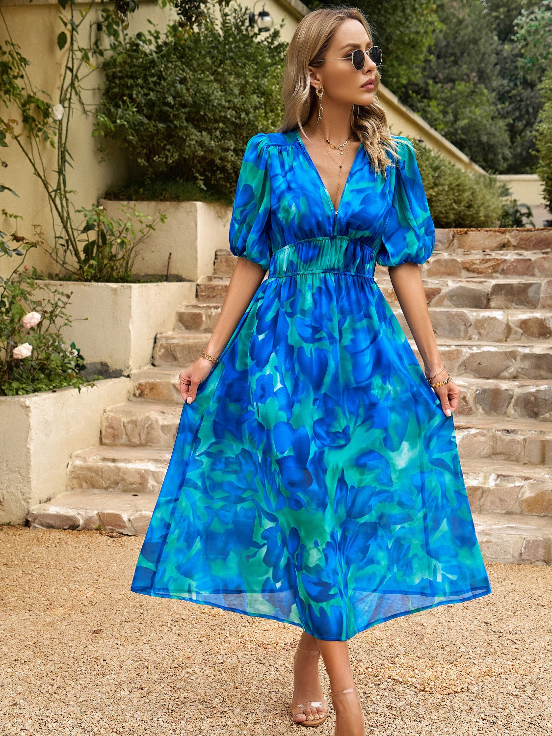 Devine Smocked Printed V-Neck Half Sleeve Midi Dress - Classique Collection