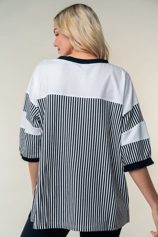 White Birch Full Size Striped Contrast Round Neck Top - Classique Collection