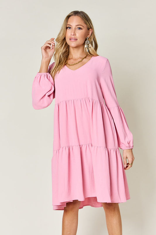 Double Take Full Size V-Neck Balloon Sleeve Tiered Dress with Pockets - Classique Collection