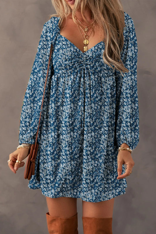 Ruched Printed Long Sleeve Mini Dress - Classique Collection
