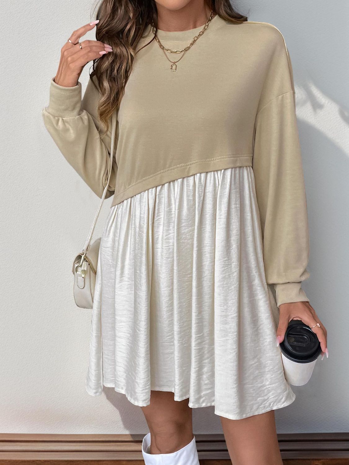 Perfee Contrast Round Neck Long Sleeve Mini Dress - Classique Collection