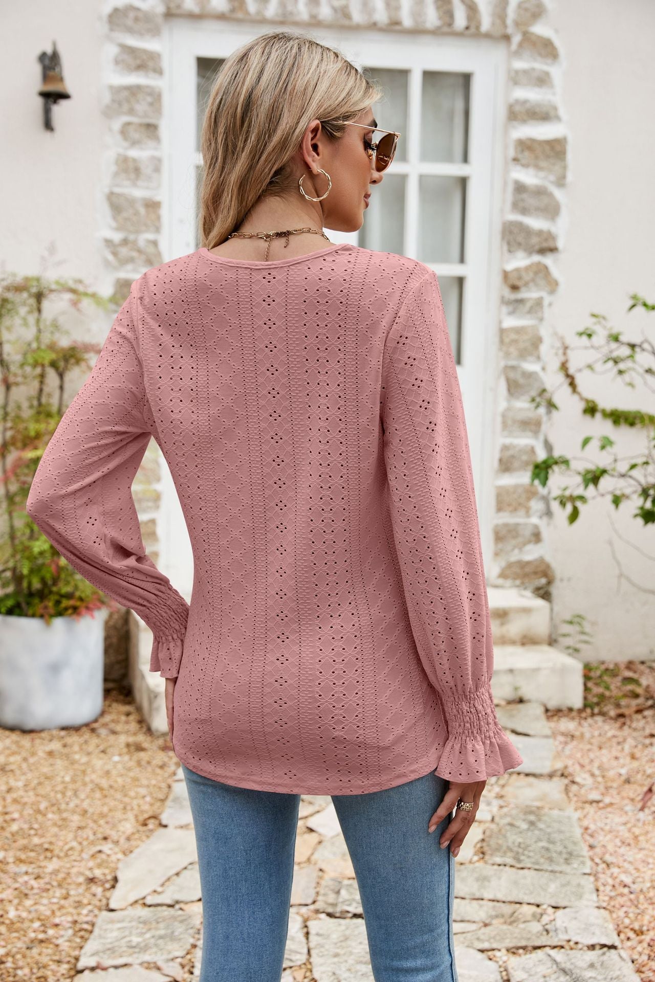 Eyelet Flounce Sleeve V-Neck Blouse - Classique Collection
