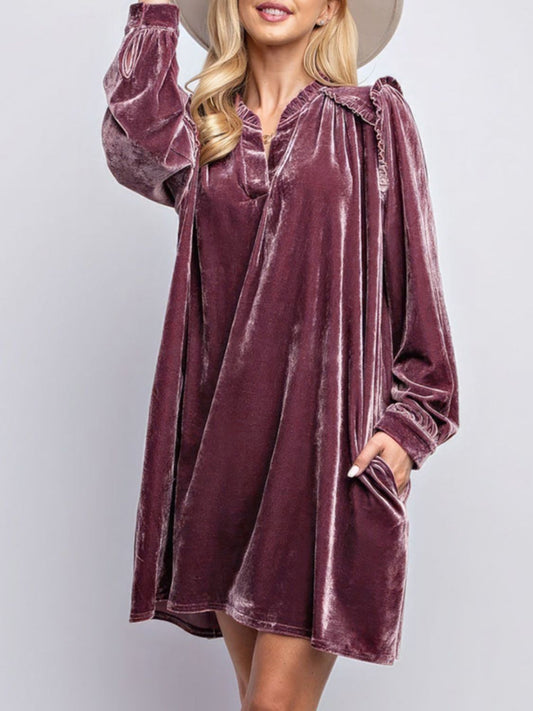 Frill Notched Long Sleeve Dress with Pockets - Classique Collection