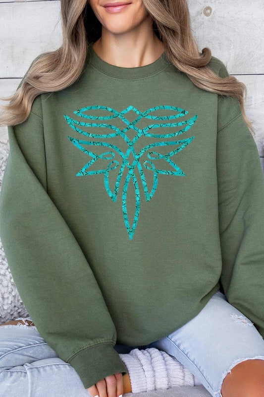 Turquoise Boot Stitch Graphic Fleece Sweatshirts - Classique Collection