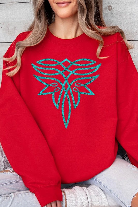 Turquoise Boot Stitch Graphic Fleece Sweatshirts - Classique Collection