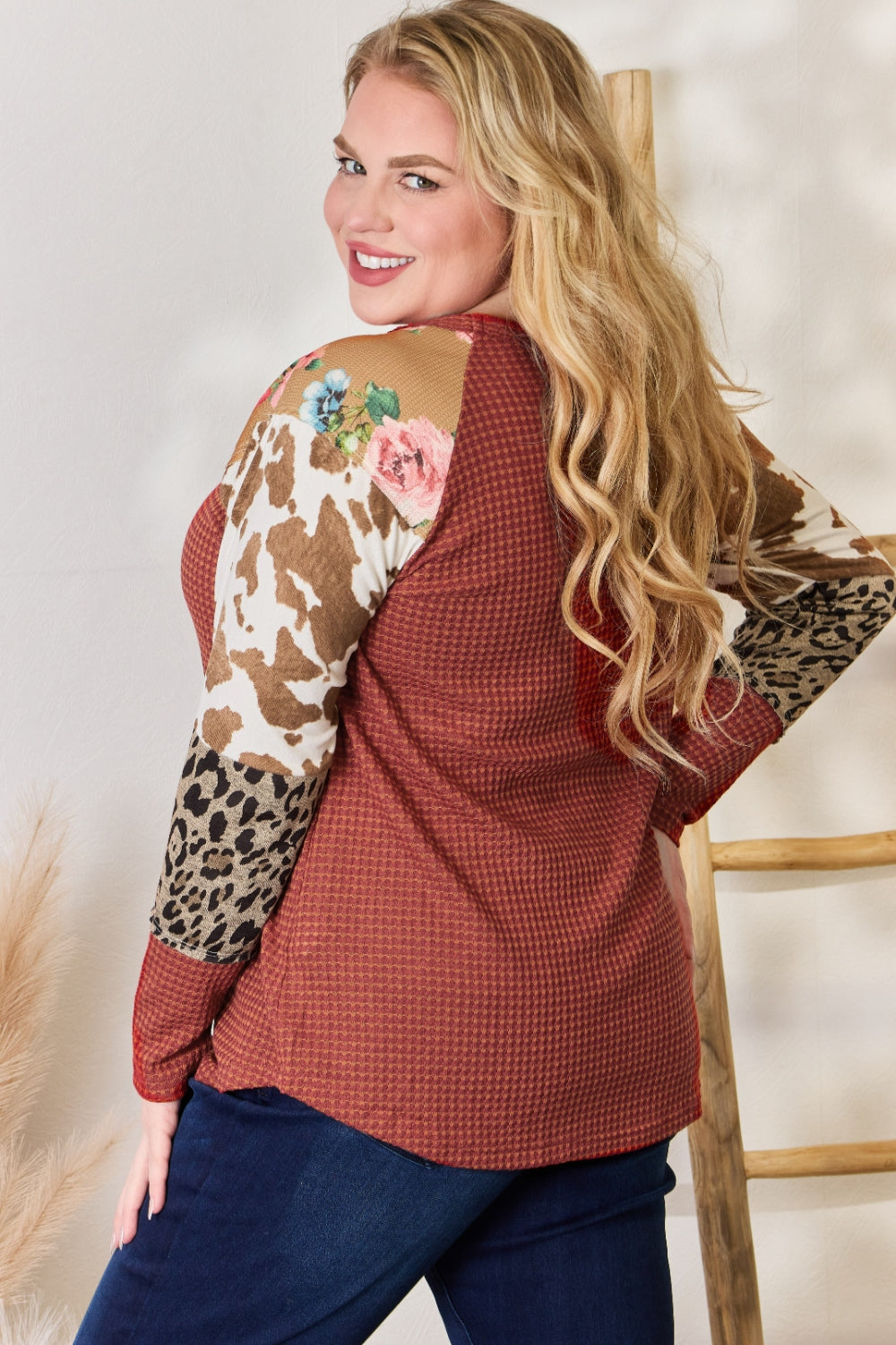 Hailey & Co Full Size Leopard Waffle-Knit Blouse - Classique Collection