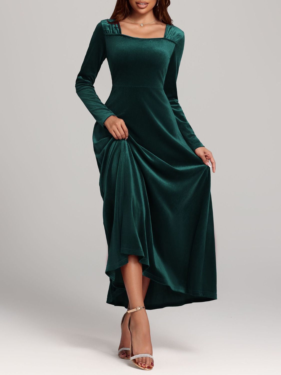 Square Neck Long Sleeve Velvet Dress - Classique Collection
