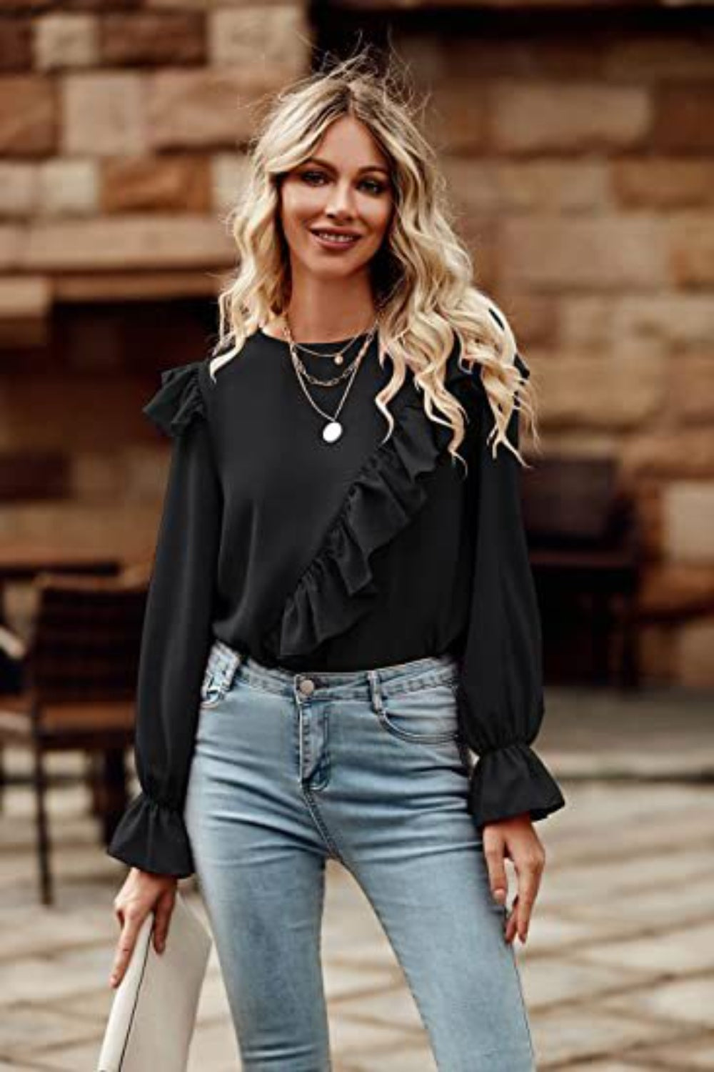 Ruffled Round Neck Long Sleeve Top - Classique Collection