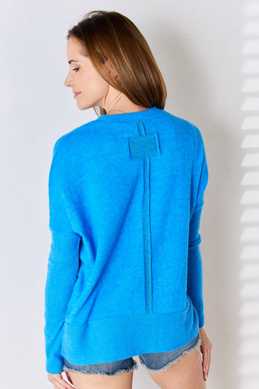 Zenana Ribbed Trim Round Neck Long Sleeve Top - ClassiQ