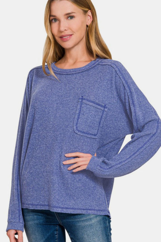 Zenana Full Size Contrast Stitching Brushed Ribbed Hacci Knit Top - Classique Collection