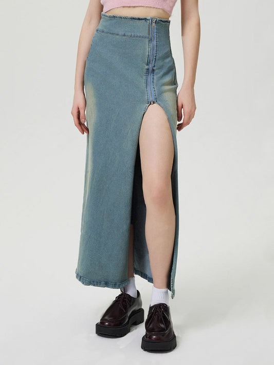 Slit Denim Skirt with Zip - Classique Collection