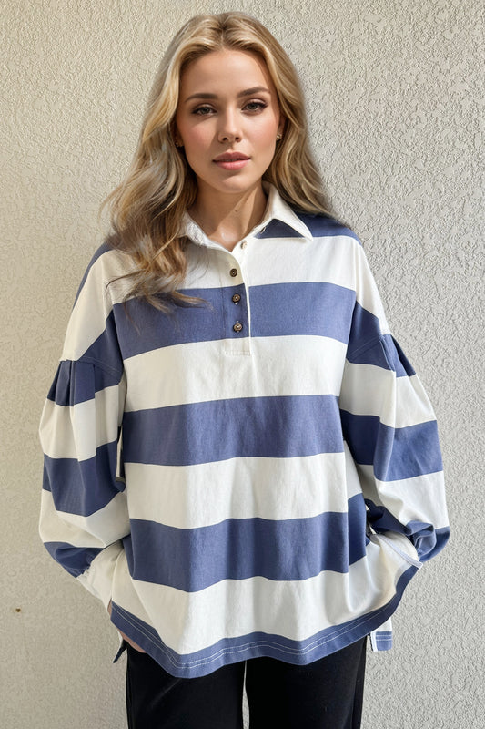 Oh Pima Cotton Wash Wide Striped Collared Neck Long Sleeve Top - Classique Collection