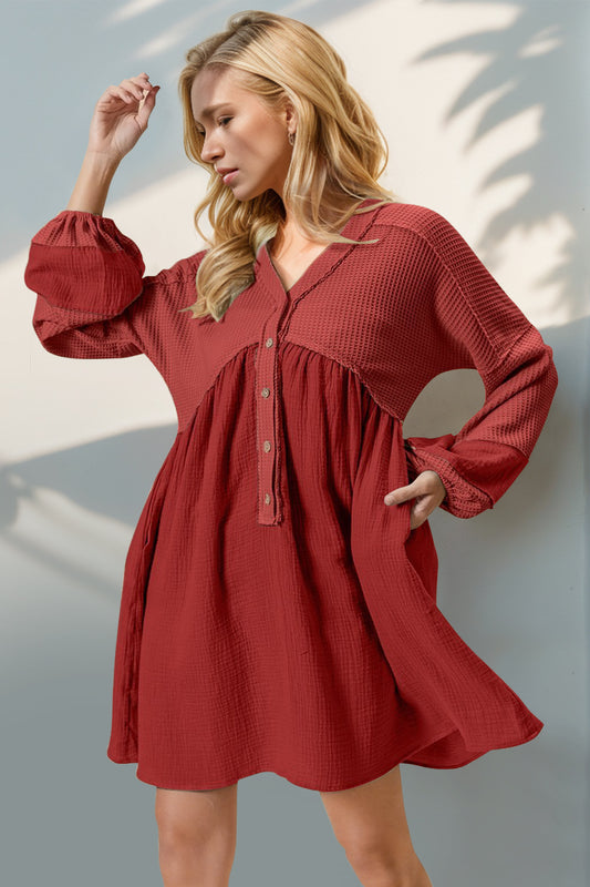 Double Take Waffle-Knit Contrast Half Button V-Neck Long Sleeve Mini Dress - Classique Collection
