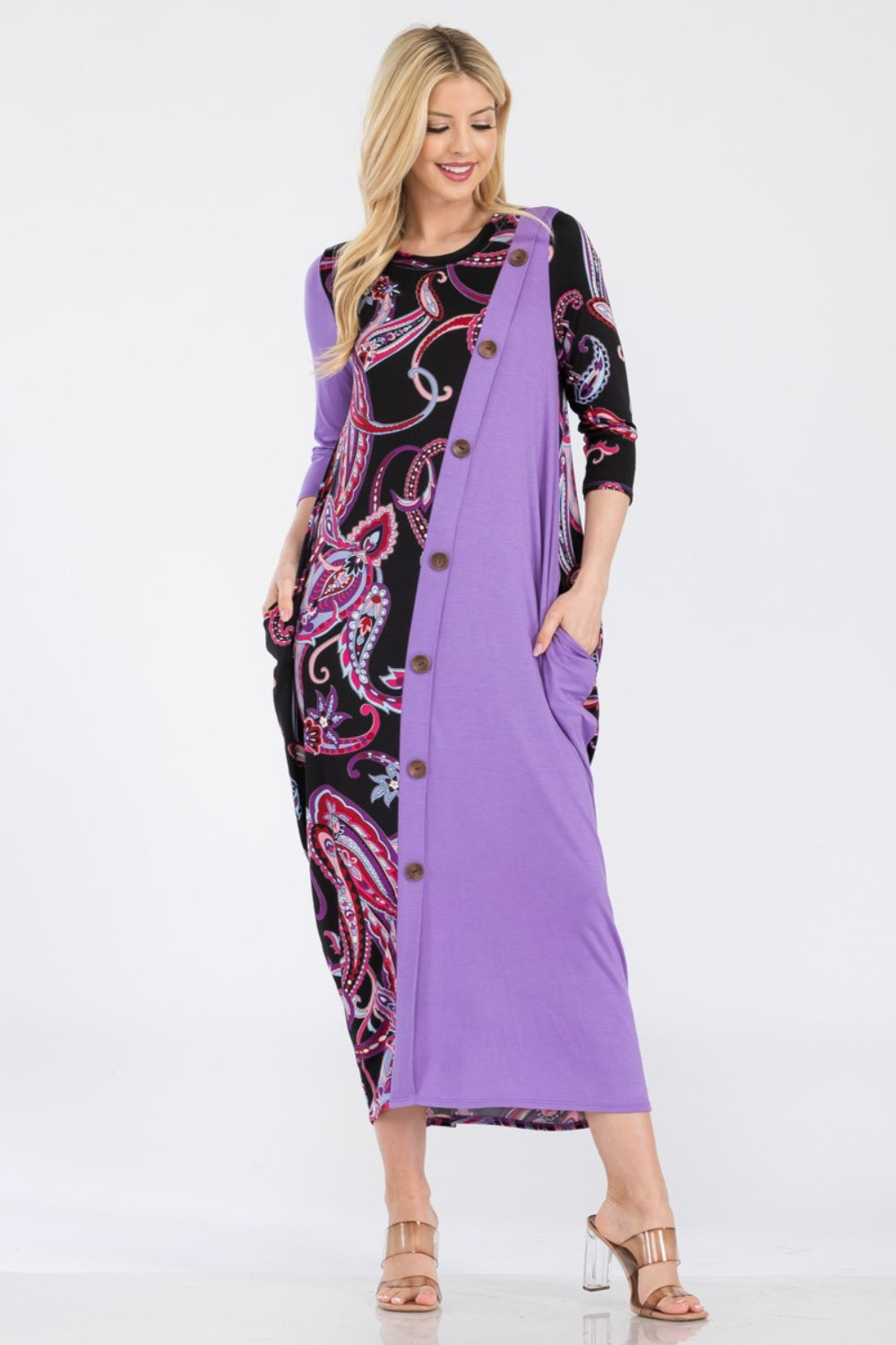 Celeste Full Size Paisley Contrast Midi Dress with Pockets - Classique Collection
