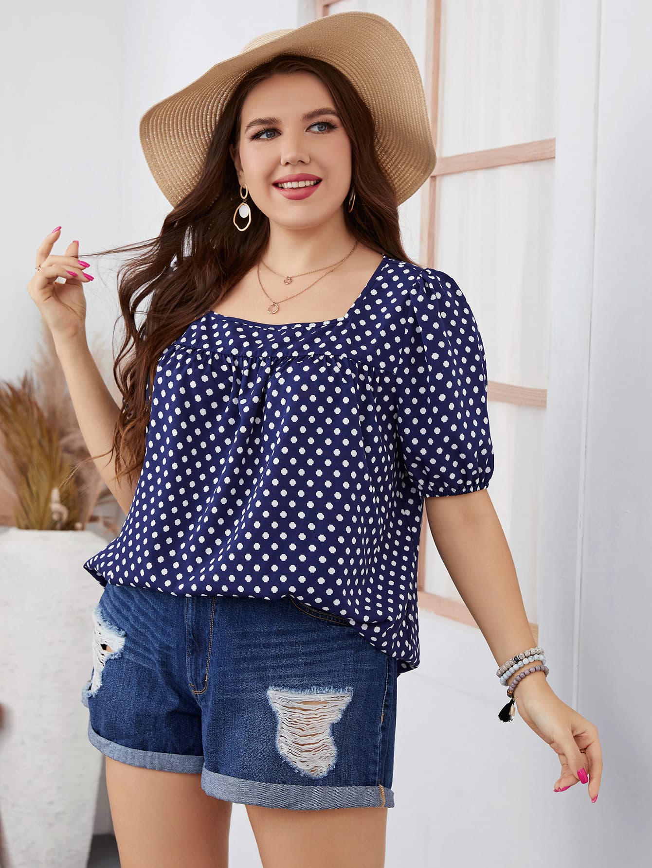 Honey Plus Size Polka Dot Square Neck Blouse - Classique Collection