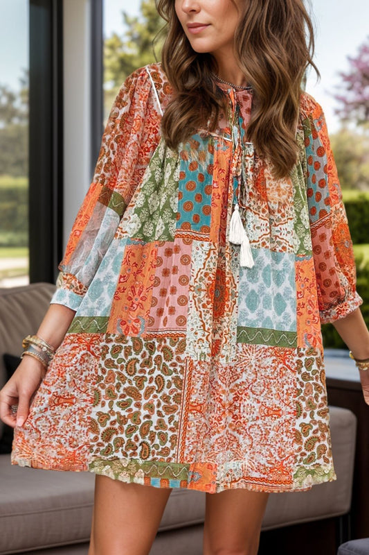 Tassel Printed Three-Quarter Sleeve Mini Dress - Classique Collection