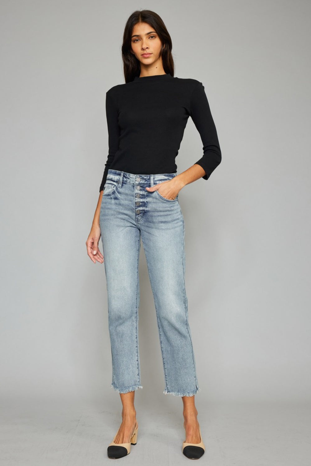 Kancan High Waist Button Fly Raw Hem Cropped Straight Jeans - ClassiQ
