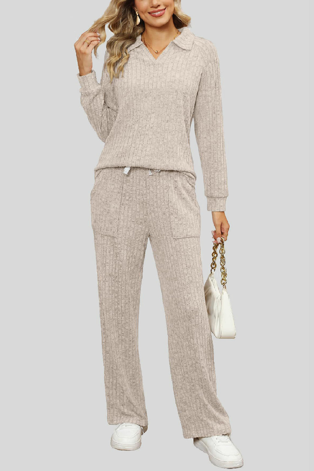 Ribbed Long Sleeve Top and Pocketed Pants Set - ClassiQ