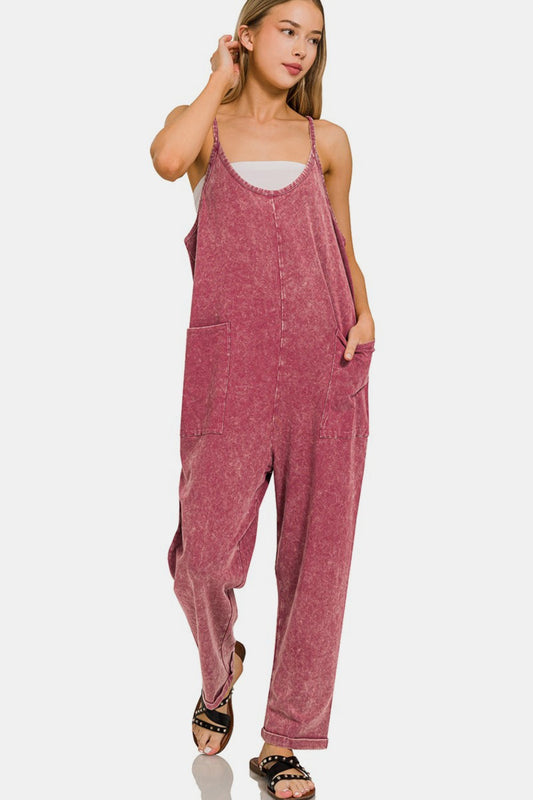 Zenana Washed Spaghetti Straps Overalls with Pockets - ClassiQ