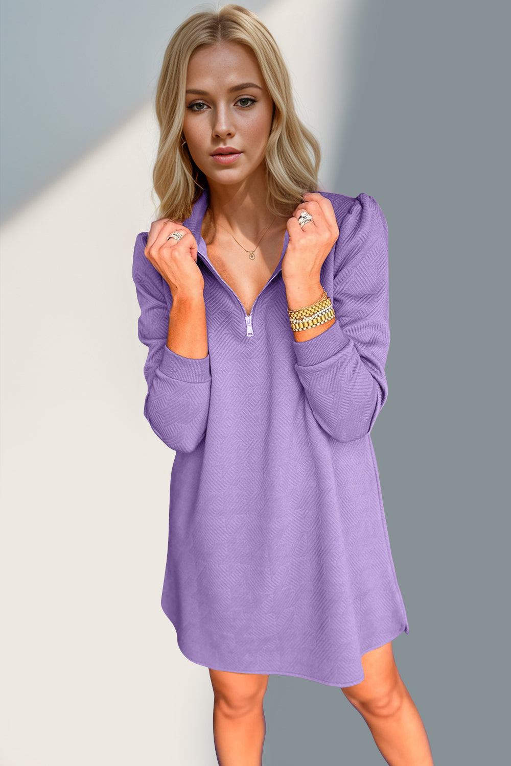 Double Take Textured Quarter Zip Long Sleeve Dress - Classique Collection