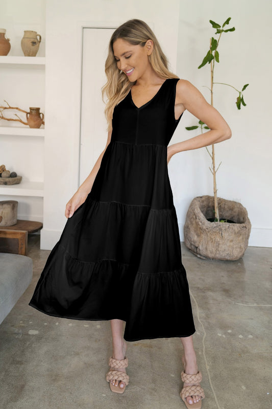 FAM-FAM Tiered V-Neck Sleeveless Dress - Classique Collection
