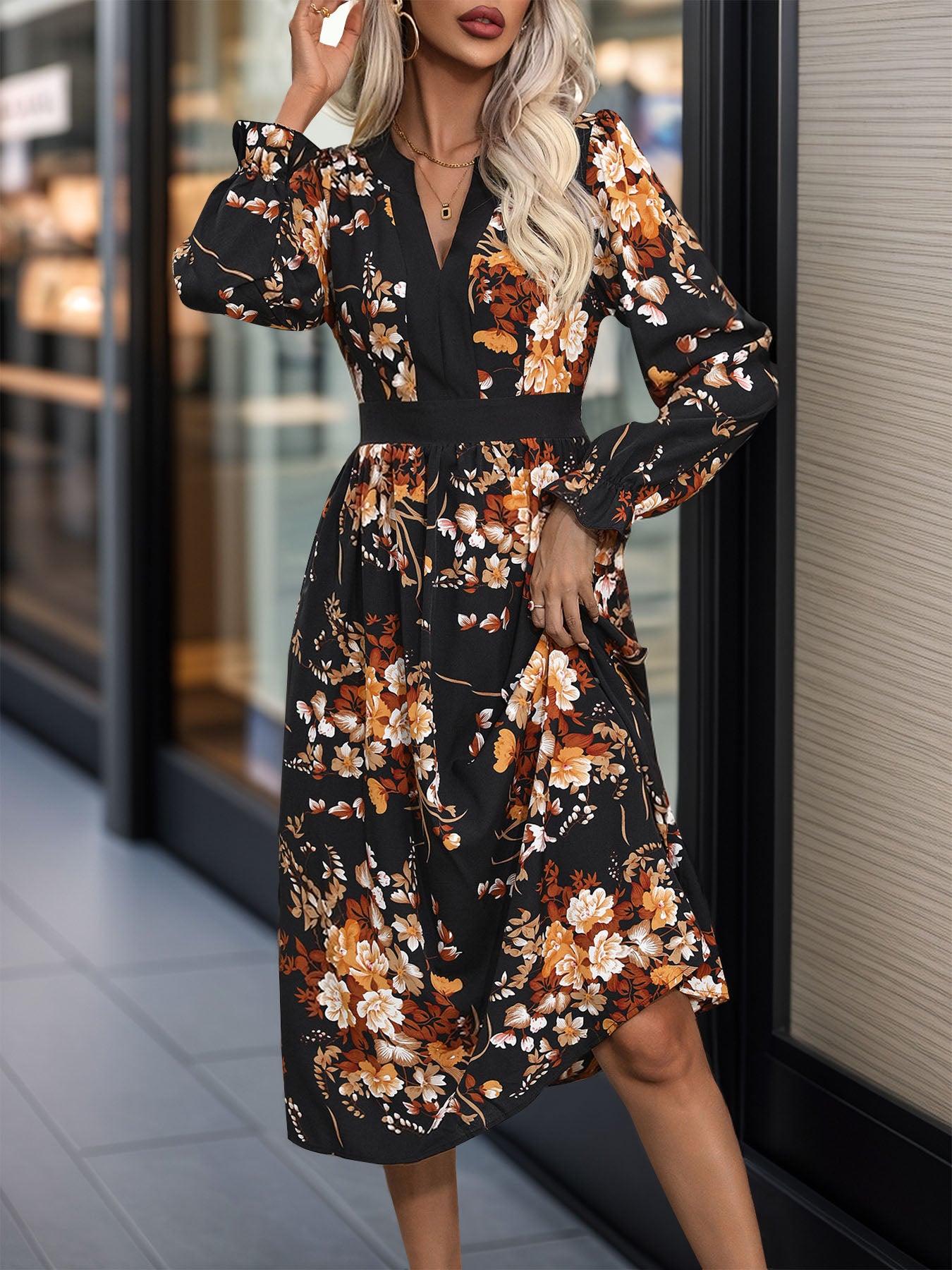 Perfee Printed Notched Long Sleeve Midi Dress - Classique Collection