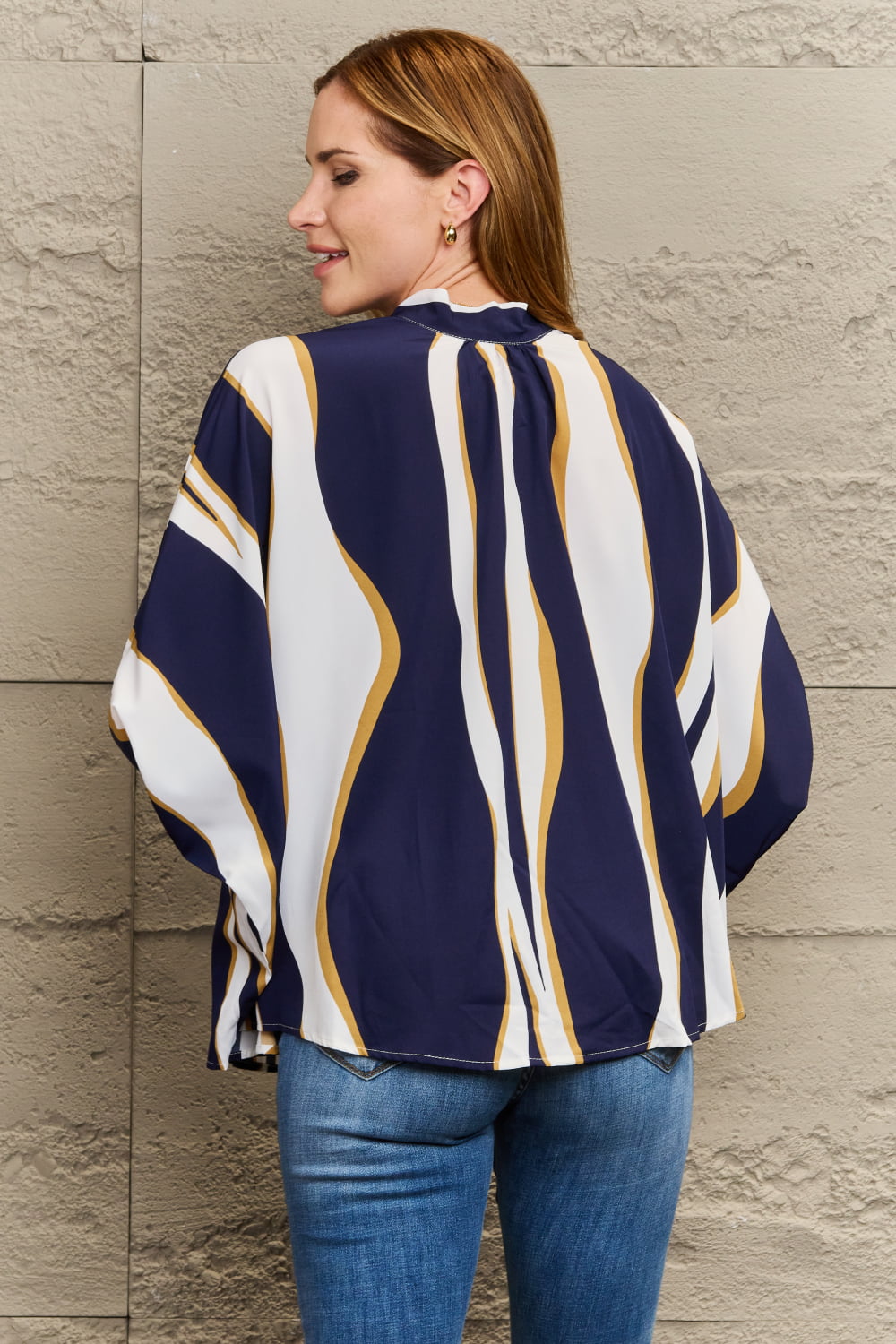 Perfee Tie Neck Printed Slit Sleeve Blouse - Classique Collection