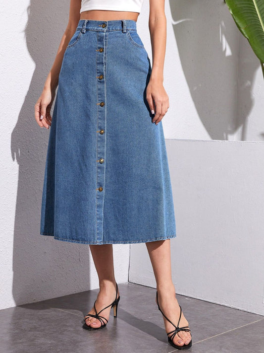 Buttoned Midi Denim Skirt with Pockets - Classique Collection