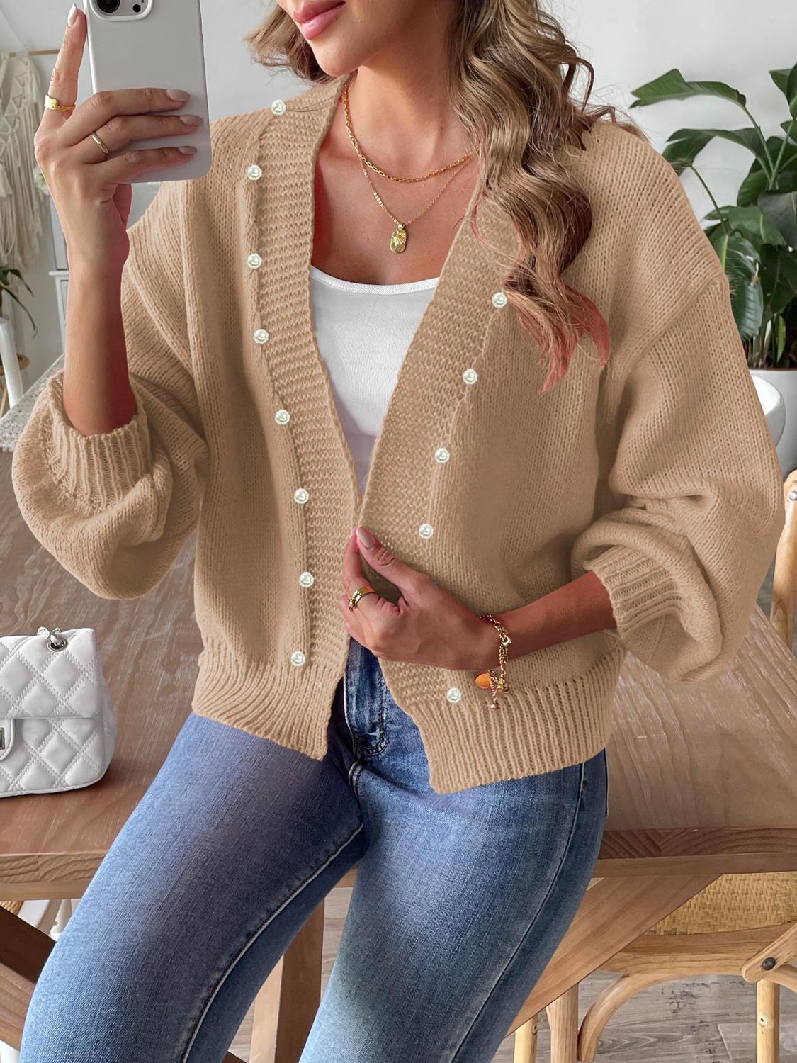 Pearl Open Front Long Sleeve Cardigan - ClassiQ