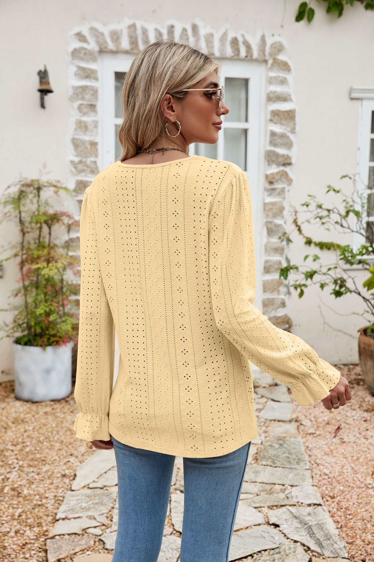 Eyelet Lace Trim Flounce Sleeve Blouse - Classique Collection