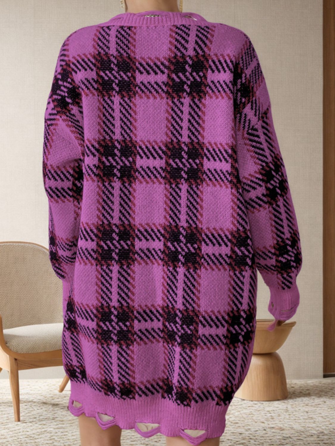 Distressed Plaid V-Neck Long Sleeve Sweater Dress - Classique Collection