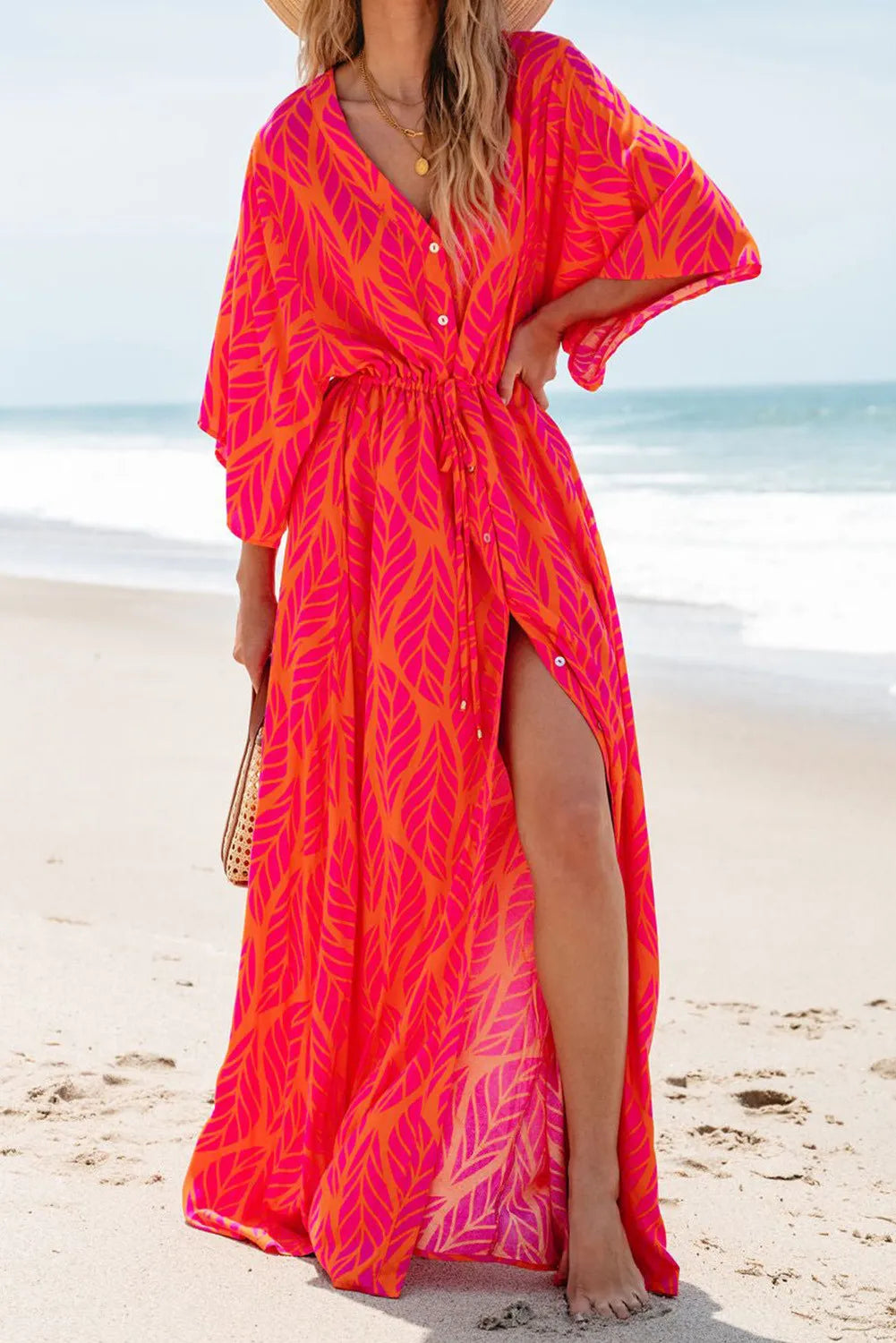 Drawstring Printed V-Neck Maxi Dress - Classique Collection