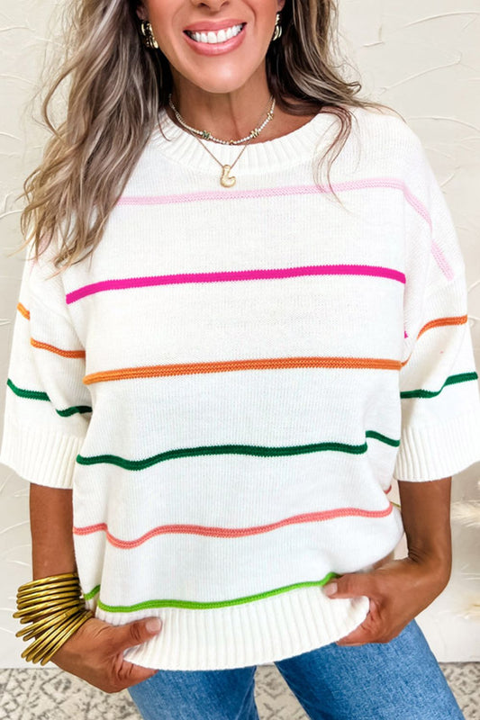 Striped Half Sleeve Drop Shoulder Sweater - Classique Collection