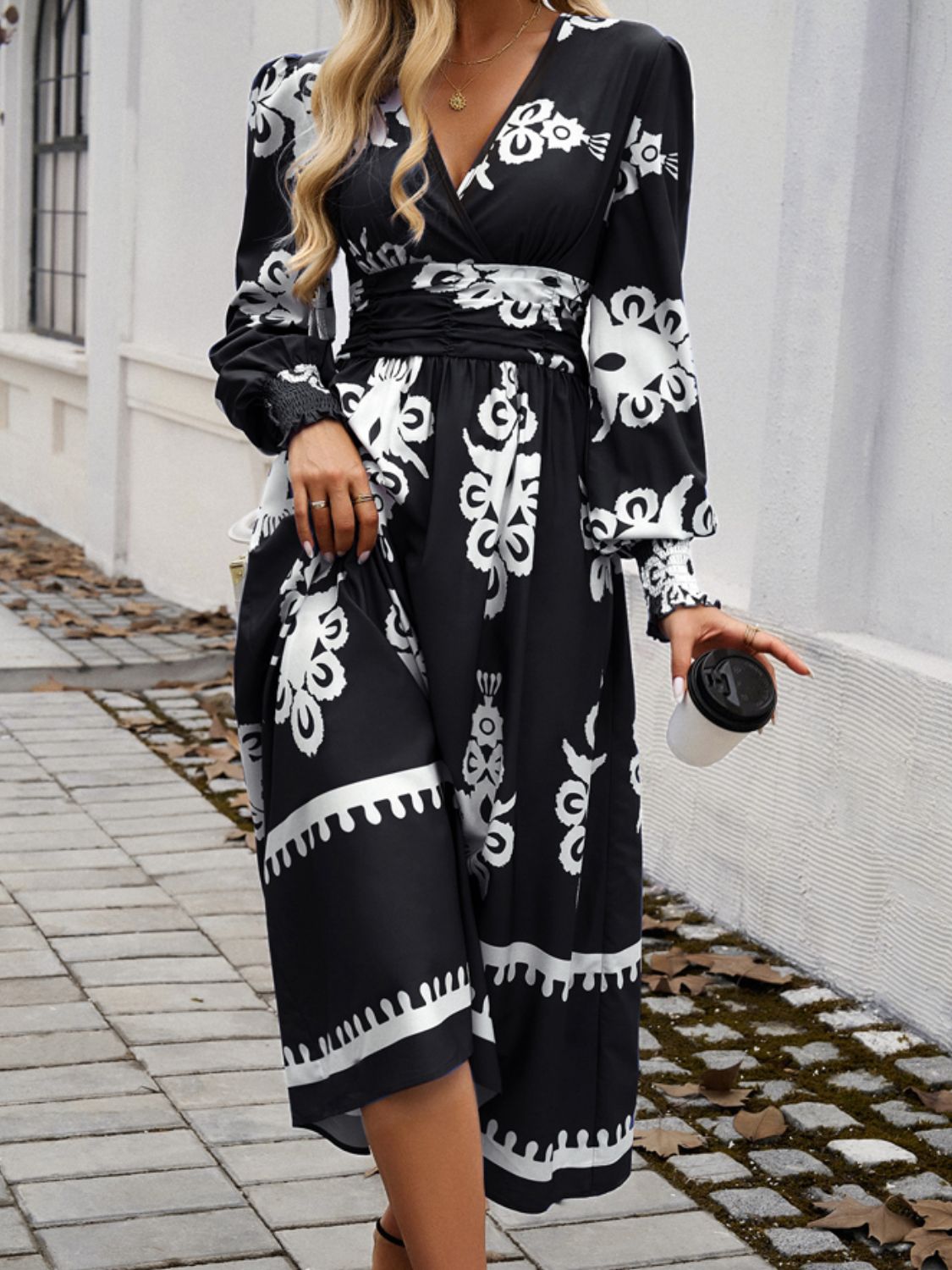 Devine Printed Surplice Lantern Sleeve Midi Dress - Classique Collection