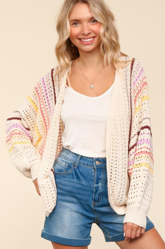 Haptics Full Size Striped Crochet Open Front Cardigan - Classique Collection